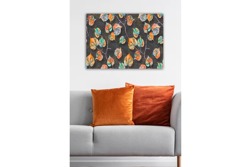Canvastavla - Färgglada löv mot en mörk bakgrund - Grön / Orange / Blå - Inredning & dekor - Tavlor & konst - Canvastavla