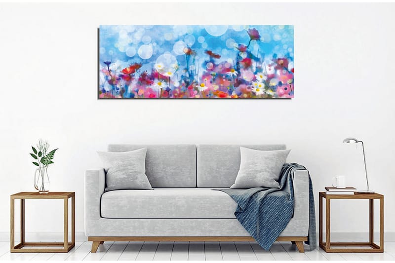 Canvastavla - Färgrik blomsteräng med suddiga ljusprickar - Blå / Rosa / Vit - Inredning & dekor - Tavlor & konst - Canvastavla