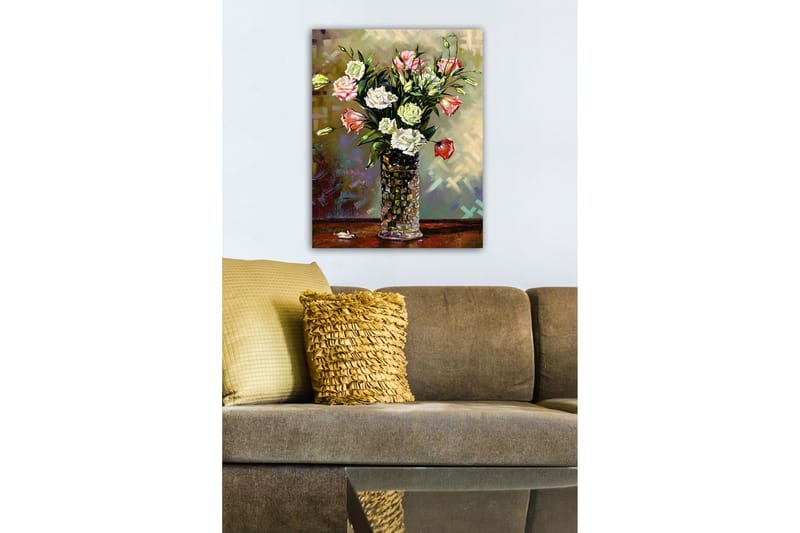 Canvastavla - Färgrik bukett av blommor i en glasvas - Rosa / Vit / Grön - Inredning & dekor - Tavlor & konst - Canvastavla