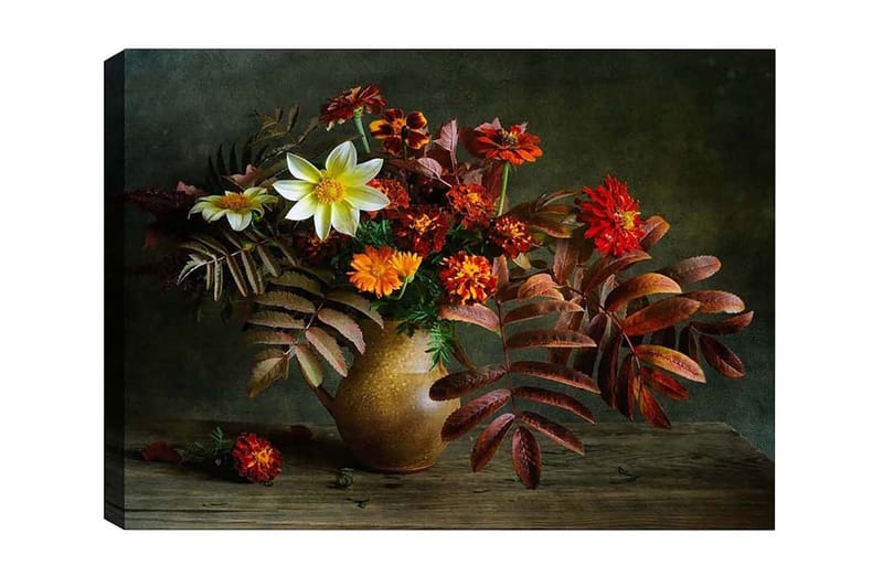 Canvastavla - Färgrik bukett av blommor i en keramikvas, Röd / Orange / Grön