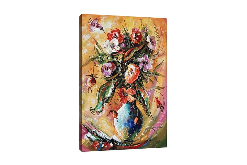 Canvastavla - Färgrik bukett av blommor i en vas, Grön / Rosa / Orange