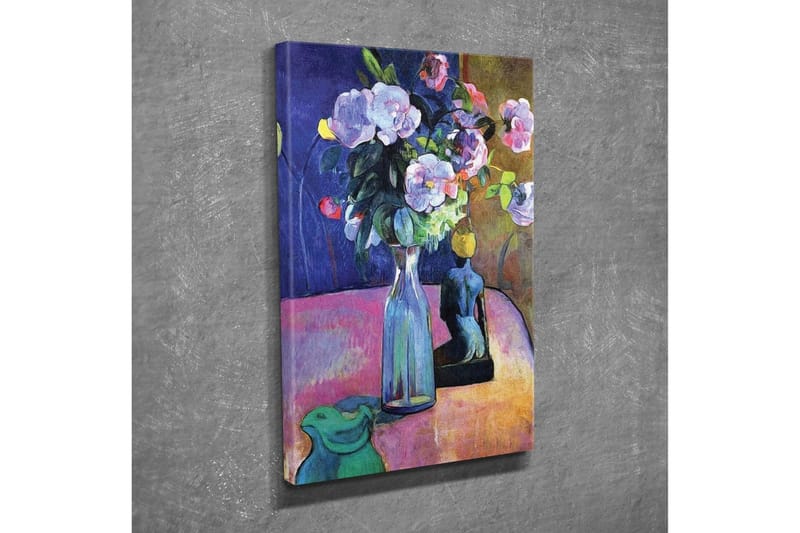 Canvastavla - Färgrik bukett av blommor i en vas med en skulptur i bakgrunden - Lila / Grön / Rosa - Inredning & dekor - Tavlor & konst - Canvastavla