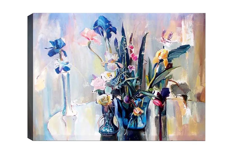 Canvastavla - Färgrik bukett av blommor i glasvaser, Blå / Rosa / Grön