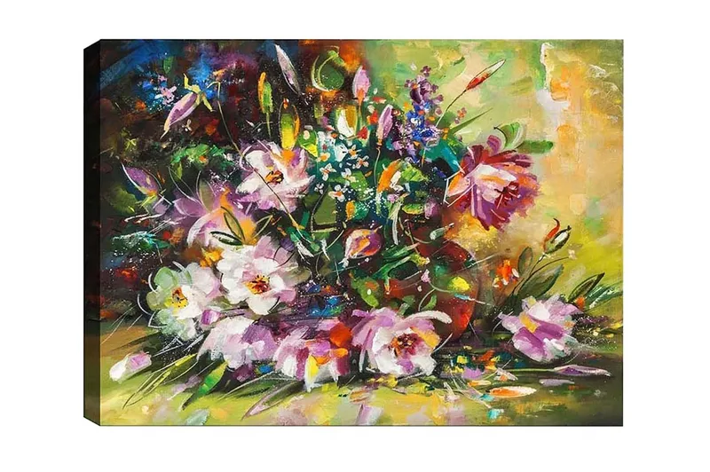 Canvastavla - Färgrik bukett av blommor i livfulla nyanser, Lila / Grön / Gul