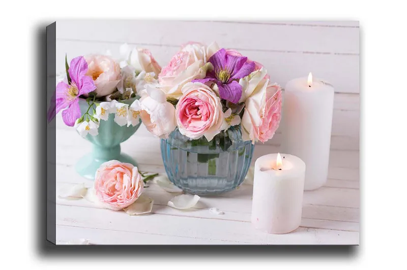 Canvastavla - Färgrik bukett av blommor i olika vaser, Rosa / Lila / Vit