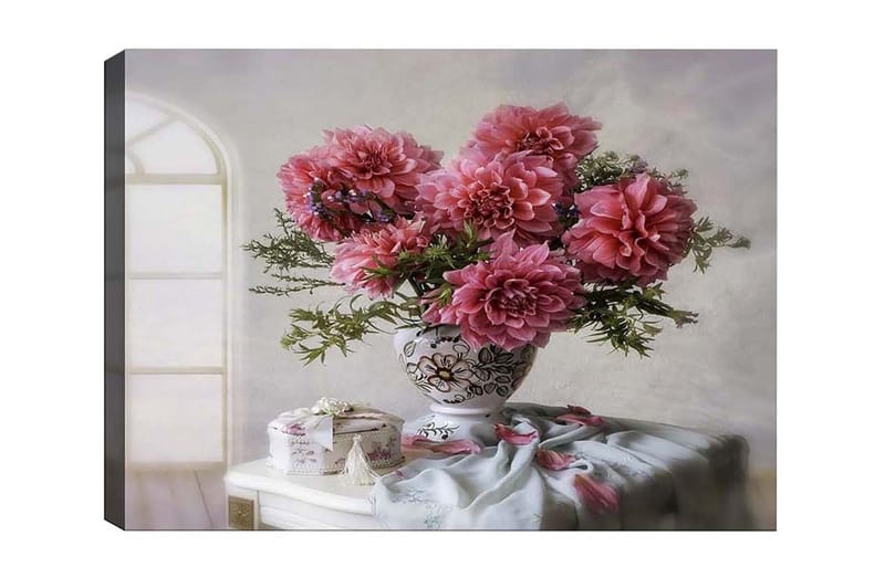 Canvastavla - Färgrik bukett av dahlior i en vacker vas - Rosa / Grön / Vit - Inredning & dekor - Tavlor & konst - Canvastavla