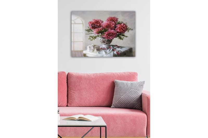 Canvastavla - Färgrik bukett av dahlior i en vacker vas - Rosa / Grön / Vit - Inredning & dekor - Tavlor & konst - Canvastavla