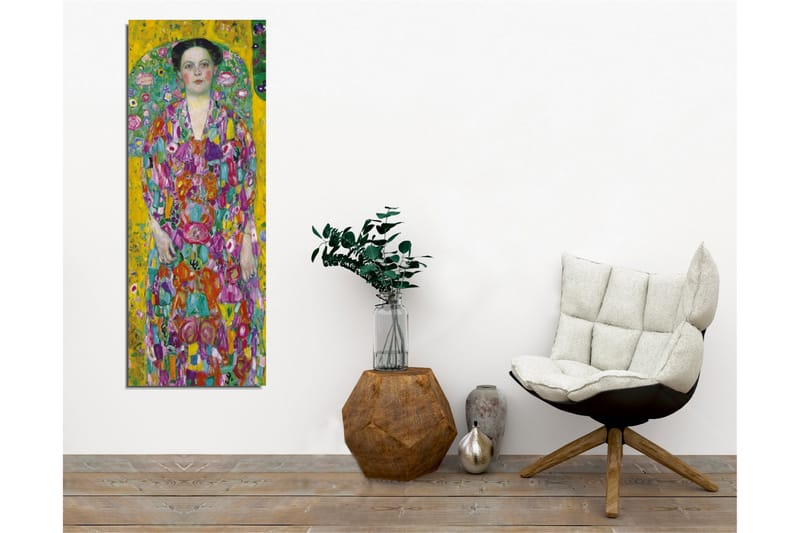 Canvastavla - Färgrik kvinna i blommig klänning omgiven av en grön bakgrund - Gul / Grön / Rosa - Inredning & dekor - Tavlor & konst - Canvastavla