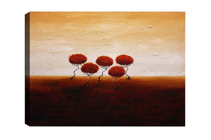 Canvastavla - Fem stiliserade träd med rödaktiga lövverk mot en varm, gyllene bakgrund - Röd / Brun / Beige - Inredning & dekor - Tavlor & konst - Canvastavla