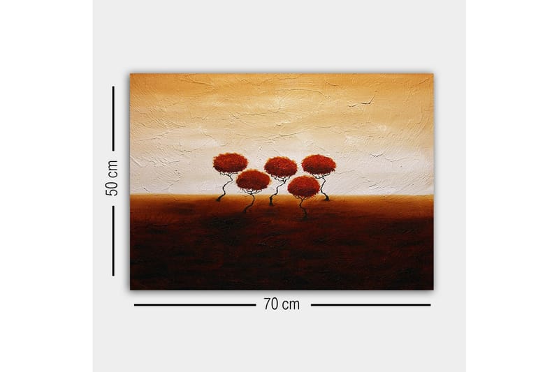 Canvastavla - Fem stiliserade träd med rödaktiga lövverk mot en varm, gyllene bakgrund - Röd / Brun / Beige - Inredning & dekor - Tavlor & konst - Canvastavla