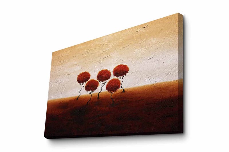 Canvastavla - Fem stiliserade träd med runda, röda kronor på en mjukt böljande bakgrund, Röd / Brun / Beige