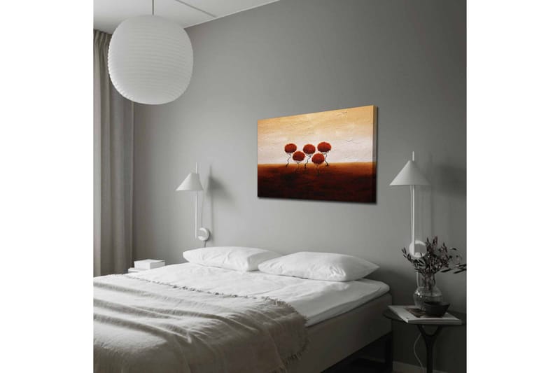 Canvastavla - Fem stiliserade träd med runda, röda kronor på en mjukt böljande bakgrund - Röd / Brun / Beige - Inredning & dekor - Tavlor & konst - Canvastavla