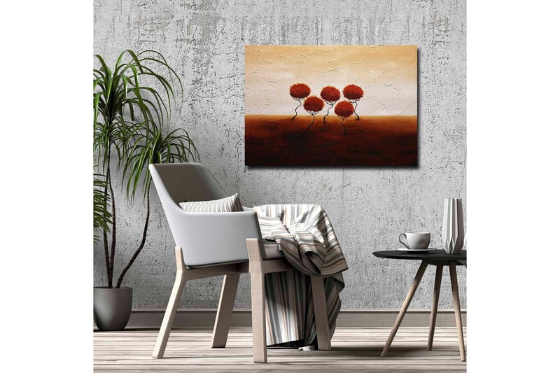 Canvastavla - Fem stiliserade träd med runda, röda kronor på en mjukt böljande bakgrund - Röd / Brun / Beige - Inredning & dekor - Tavlor & konst - Canvastavla