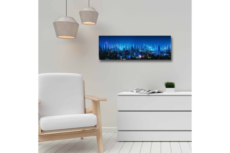 Canvastavla - Futuristisk stadslandskap med ljusa skyskrapor - Mörkblå / Ljusblå / Turkos - Inredning & dekor - Tavlor & konst - Canvastavla
