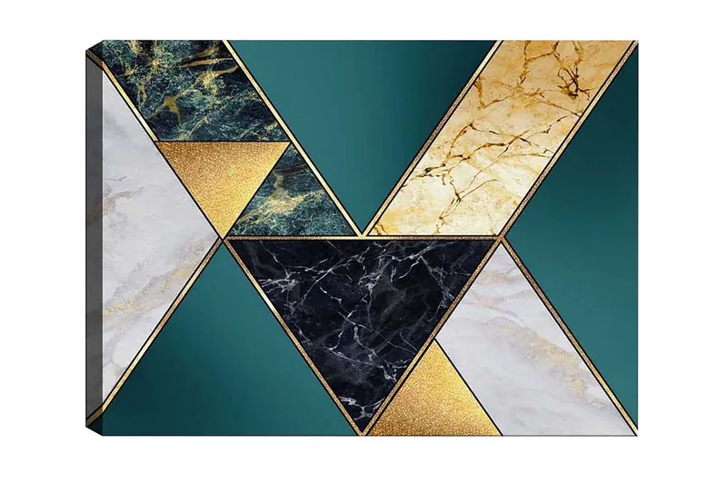 Canvastavla - Geometrisk komposition med trianglar i olika material och färger, Mörkgrön / Guld / Svart