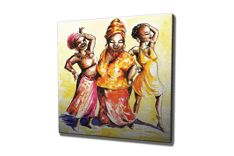 Canvastavla - Glada kvinnor i färgglada kläder som dansar, Gul / Orange / Rosa