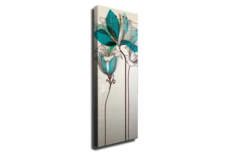 Canvastavla - Grafisk blomsterillustration med turkosa transparenta blad och brun linjeteckning, Beige / Brun / Turkos