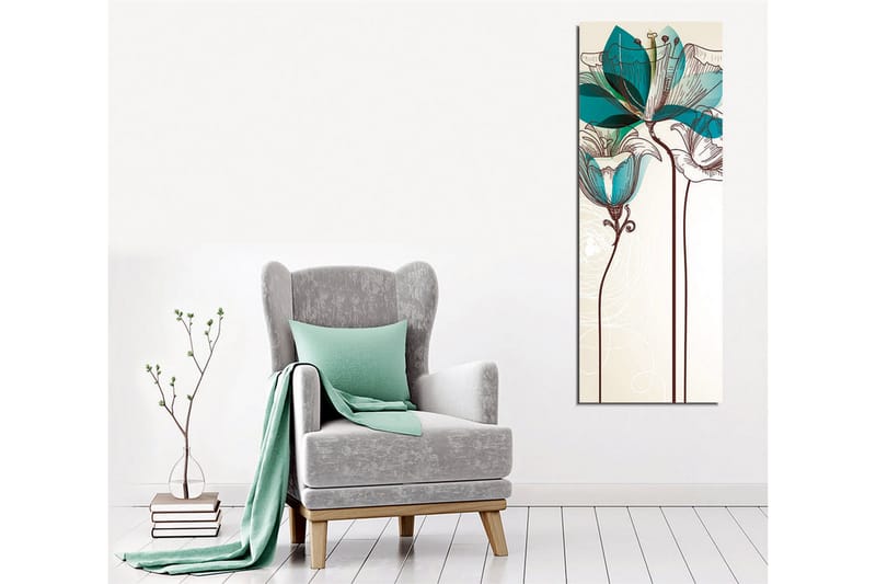 Canvastavla - Grafisk blomsterillustration med turkosa transparenta blad och brun linjeteckning - Beige / Brun / Turkos - Inredning & dekor - Tavlor & konst - Canvastavla