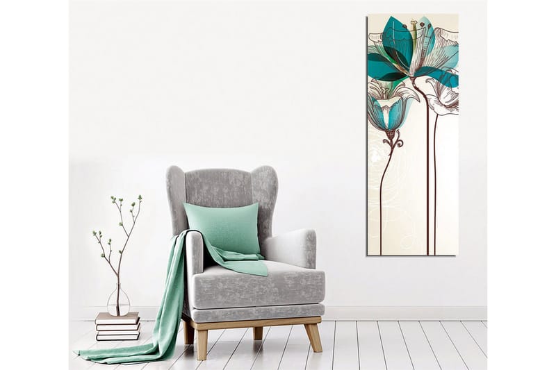 Canvastavla - Grafisk blomsterillustration med turkosa transparenta blad och brun linjeteckning - Beige / Brun / Turkos - Inredning & dekor - Tavlor & konst - Canvastavla