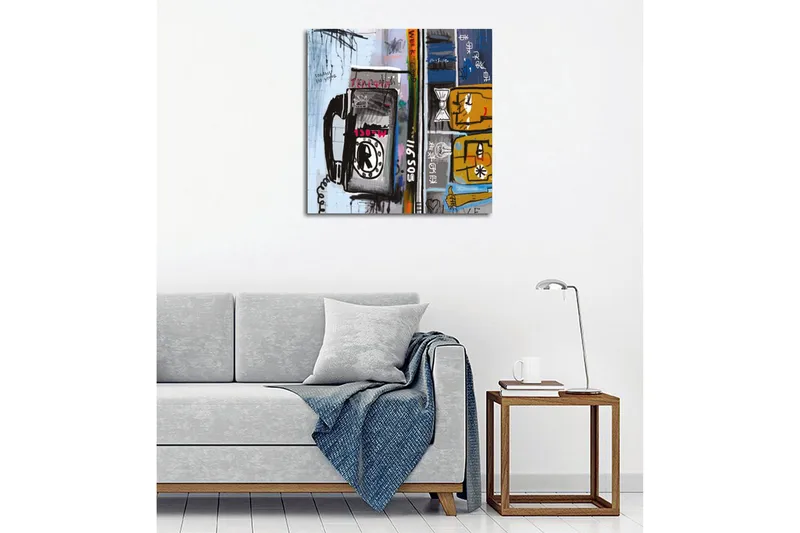 Canvastavla - Grafisk komposition med telefon och abstrakta figurer - Blå / Svart / Gul - Inredning & dekor - Tavlor & konst - Canvastavla