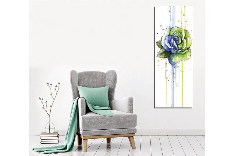 Canvastavla - Grön och blå ros med droppande akvarelleffekter - Grön / Blå - Inredning & dekor - Tavlor & konst - Canvastavla