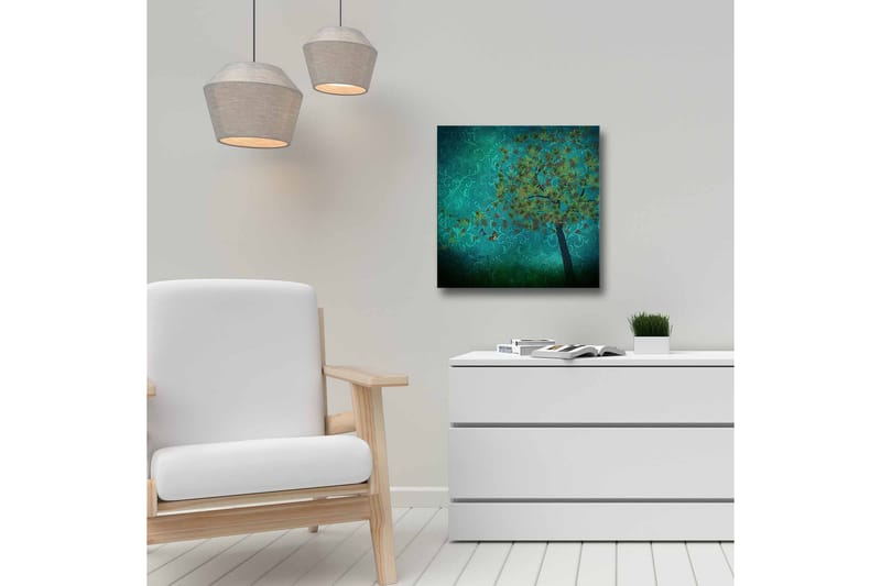 Canvastavla - Grönskande träd med fjärilar i en abstrakt bakgrund - Turkos / Grön / Brun - Inredning & dekor - Tavlor & konst - Canvastavla