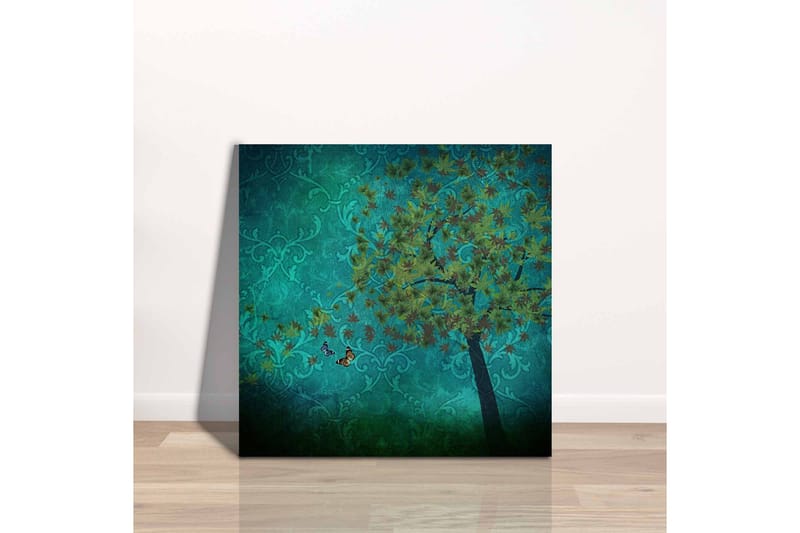 Canvastavla - Grönskande träd med fjärilar i en abstrakt bakgrund - Turkos / Grön / Brun - Inredning & dekor - Tavlor & konst - Canvastavla