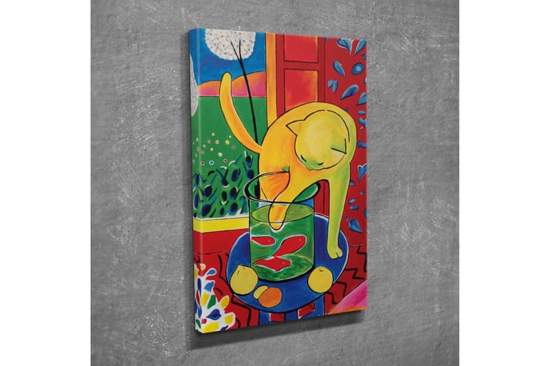 Canvastavla - Gul katt som leker med en glasburk med fiskar - Gul / Grön / Röd - Inredning & dekor - Tavlor & konst - Canvastavla