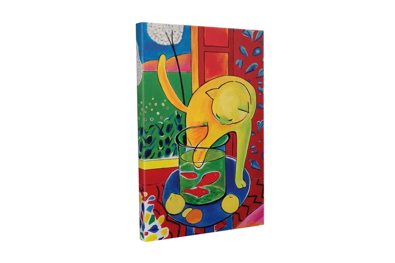 Canvastavla - Gul katt som leker med en glasburk med fiskar, Gul / Grön / Röd