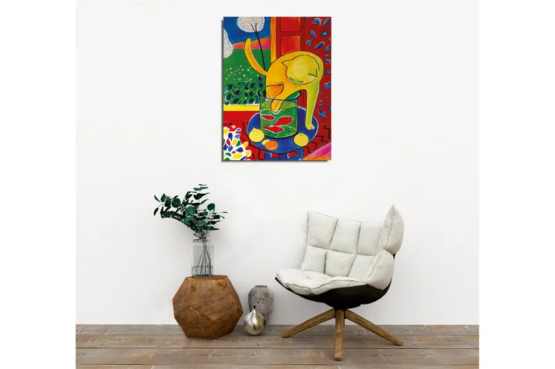 Canvastavla - Gul katt som leker med en glasburk med fiskar - Gul / Grön / Röd - Inredning & dekor - Tavlor & konst - Canvastavla