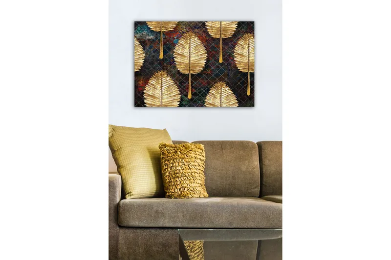 Canvastavla - Gyllene blad i ett mönstrat arrangemang - Guld / Mörkblå / Grön - Inredning & dekor - Tavlor & konst - Canvastavla