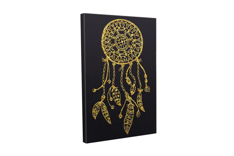 Canvastavla - Gyllene drömfångare med detaljerade mönster och hängen, Guld / Svart