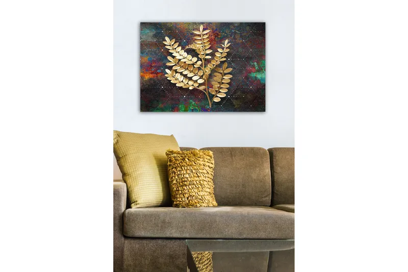 Canvastavla - Gyllene kvistar av lövverk mot en färgglad bakgrund - Guld / Mörkblå / Grön - Inredning & dekor - Tavlor & konst - Canvastavla