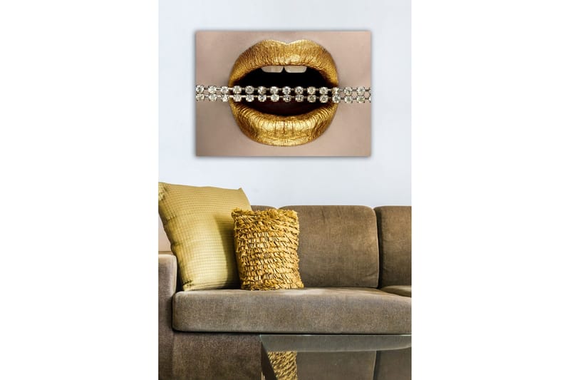 Canvastavla - Gyllene läppar med en glittrande kedja - Guld / Silver - Inredning & dekor - Tavlor & konst - Canvastavla