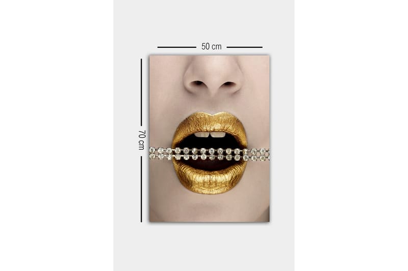 Canvastavla - Gyllene läppar med en glittrande kedja mellan tänderna - Guld / Svart / Silver - Inredning & dekor - Tavlor & konst - Canvastavla