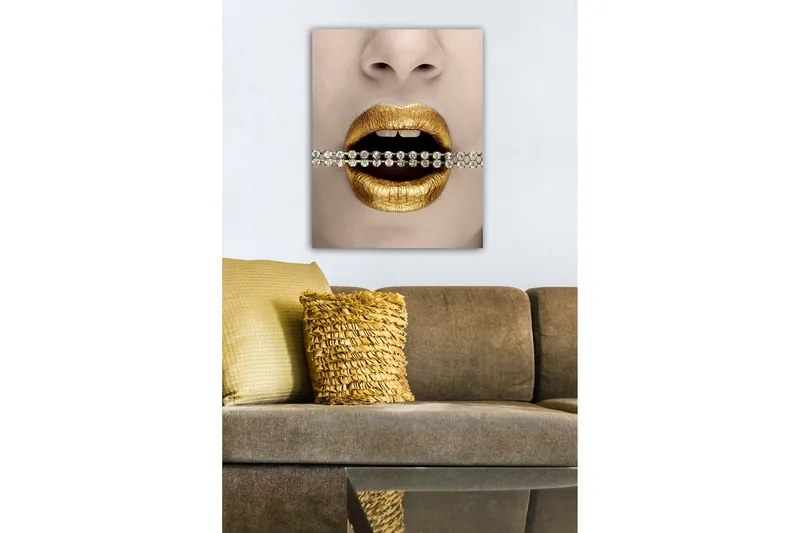 Canvastavla - Gyllene l äppar med en glittrande kedja mellan tänderna - Guld / Svart / Silver - Inredning & dekor - Tavlor & konst - Canvastavla