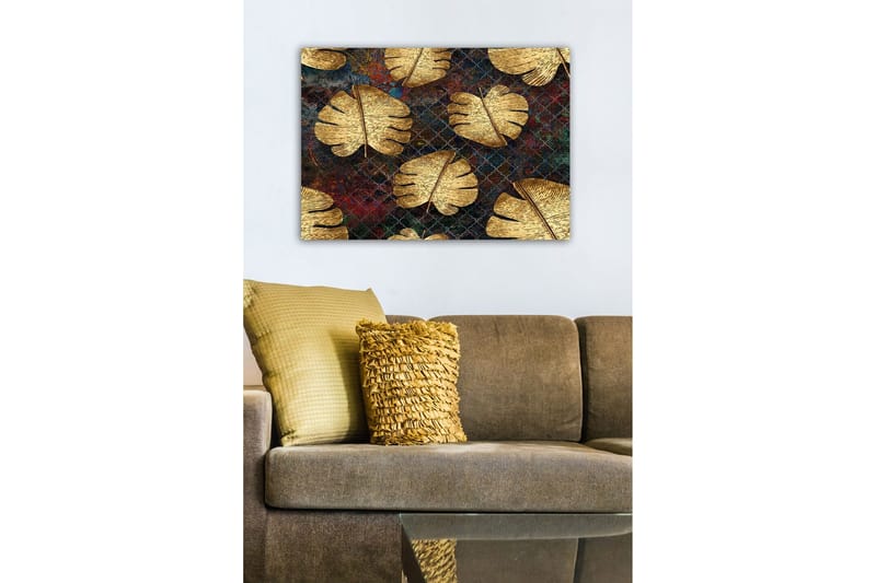 Canvastavla - Gyllene monstera-blad mot en mörk bakgrund - Guld / Mörkblå / Röd - Inredning & dekor - Tavlor & konst - Canvastavla