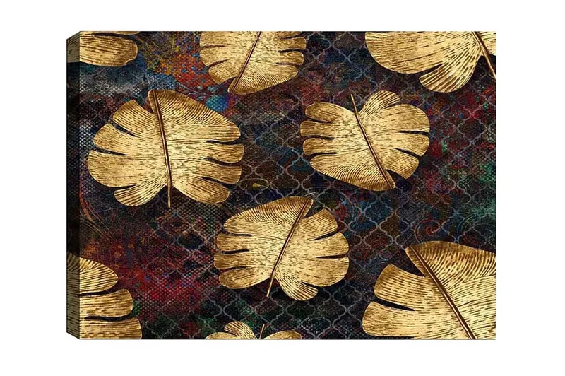 Canvastavla - Gyllene monstera-blad mot en mörk bakgrund, Guld / Mörkblå / Röd