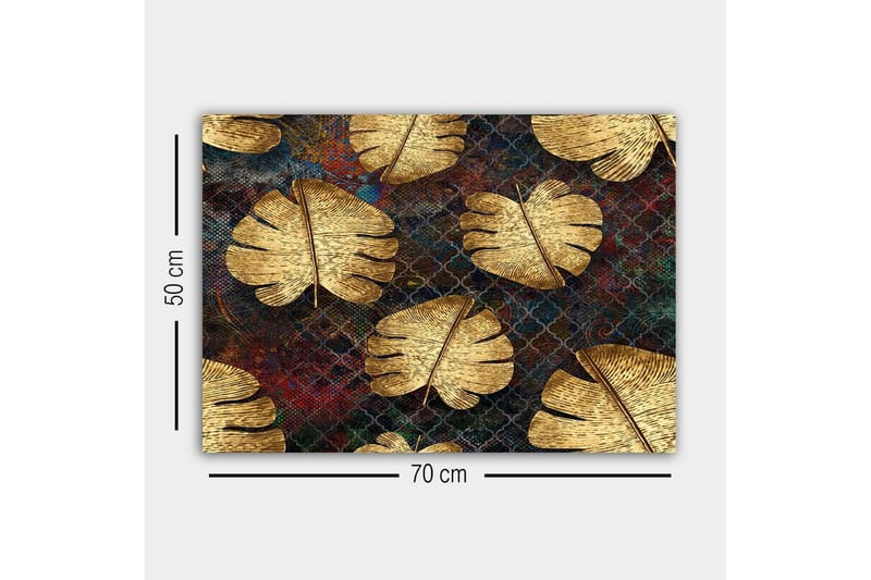 Canvastavla - Gyllene monstera-blad mot en mörk bakgrund - Guld / Mörkblå / Röd - Inredning & dekor - Tavlor & konst - Canvastavla