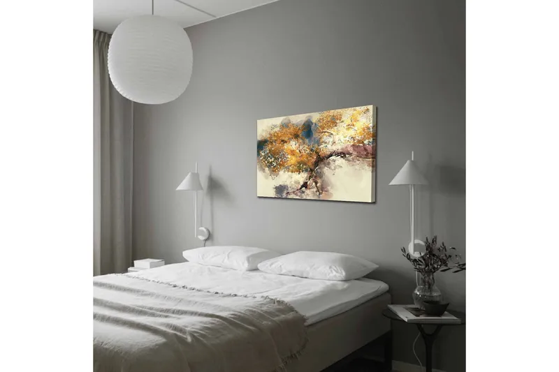 Canvastavla - Gyllene trädgrenar mot en mjuk bakgrund - Guld / Brun / Blå - Inredning & dekor - Tavlor & konst - Canvastavla