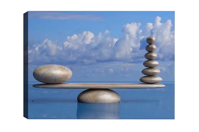 Canvastavla - Harmonisk balans av stenar på en plattform, Ljusblå / Beige / Grå