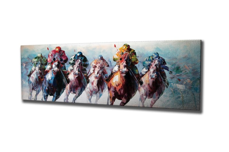 Canvastavla - Hästar i full galopp med jockeyer i färgglada kläder, Röd / Grön / Blå
