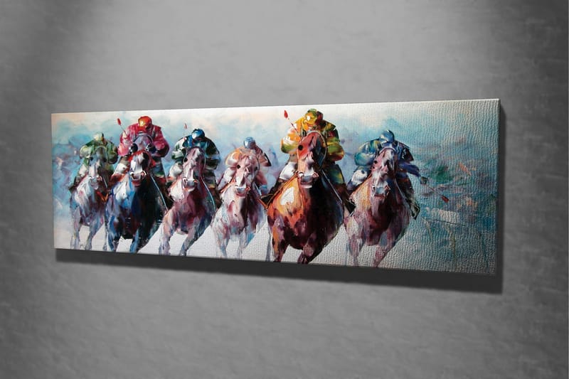 Canvastavla - Hästar i full galopp med jockeyer i färgglada kläder - Röd / Grön / Blå - Inredning & dekor - Tavlor & konst - Canvastavla