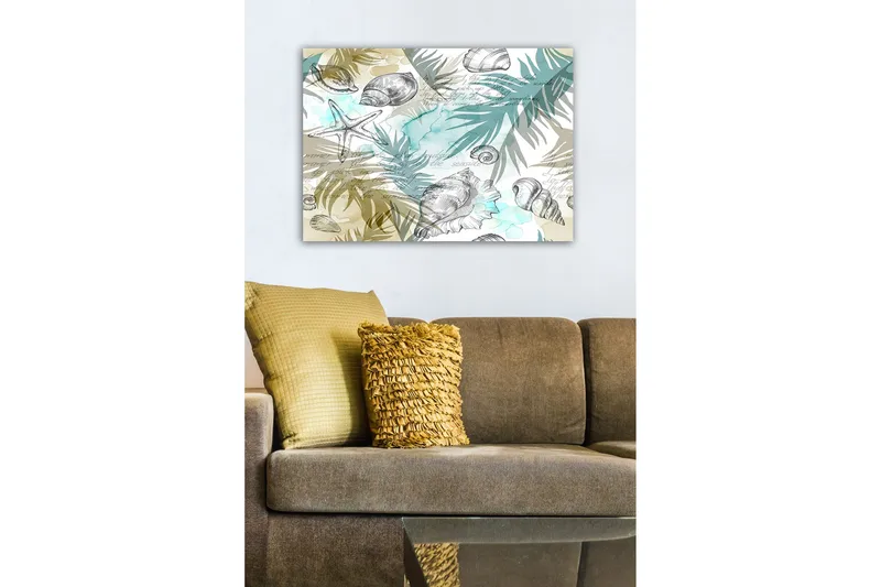 Canvastavla - Havsmotiv med snäckor och palmblad - Blå / Beige / Grön - Inredning & dekor - Tavlor & konst - Canvastavla