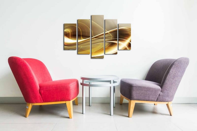 Canvastavla i 5 delar 82x50 cm - Abstrakt komposition med gyllene och ljusa linjer - Guld / Beige / Vit - Inredning & dekor - Tavlor & konst - Canvastavla