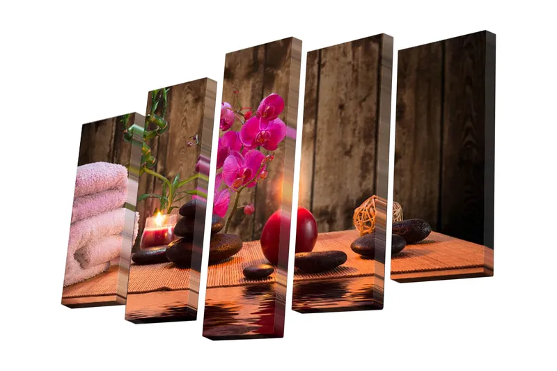Canvastavla i 5 delar 82x50 cm - Avkopplande stillhet med orkidéer och stenar - Rosa / Svart / Grön - Inredning & dekor - Tavlor & konst - Canvastavla