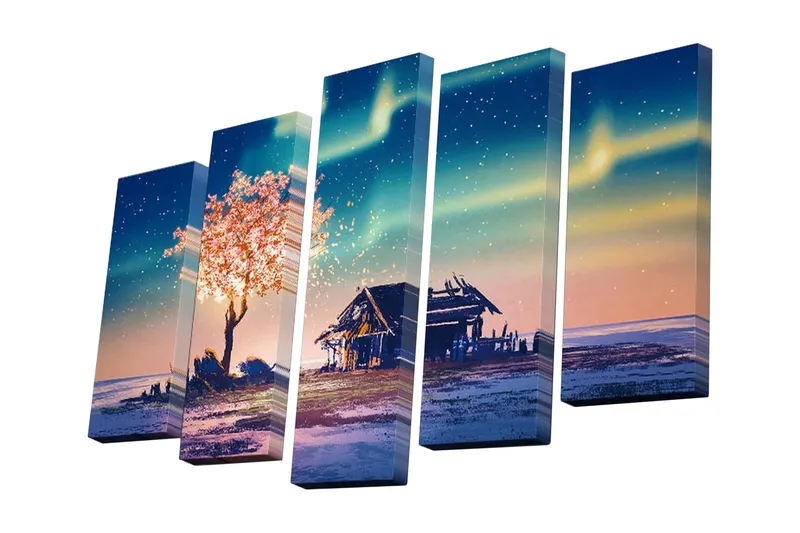 Canvastavla i 5 delar 82x50 cm - Blommande körsbärsträd vid en stjärnklar himmel över en landsbygdsscen - Rosa / Blå / Grön - Inredning & dekor - Tavlor & konst - Canvastavla