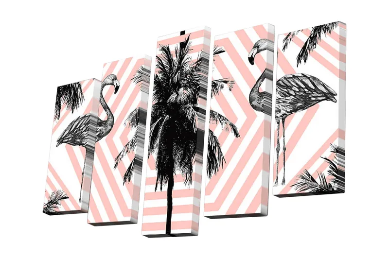 Canvastavla i 5 delar 82x50 cm - Flamingos omgivna av palmer och geometriska mönster - Rosa / Svart / Vitt - Inredning & dekor - Tavlor & konst - Canvastavla