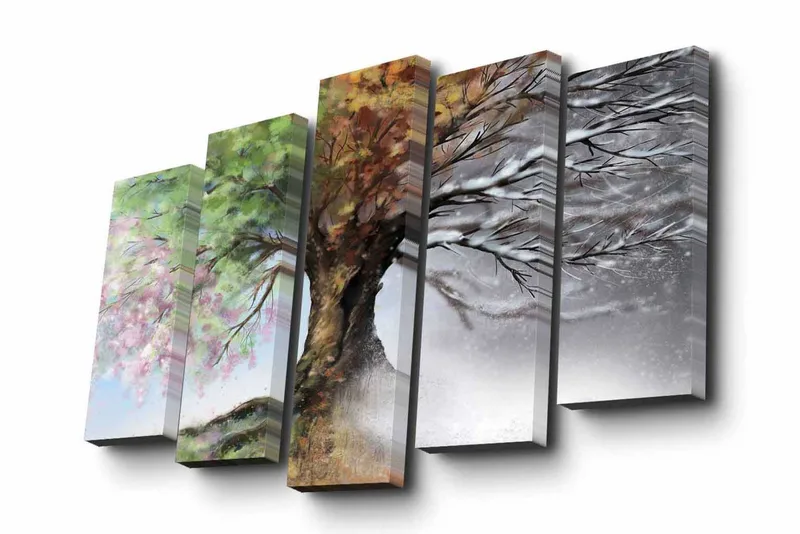 Canvastavla i 5 delar 82x50 cm - Fyrdelad tavla med ett träd som skiftar mellan årstiderna - Grön / Brun / Vit - Inredning & dekor - Tavlor & konst - Canvastavla
