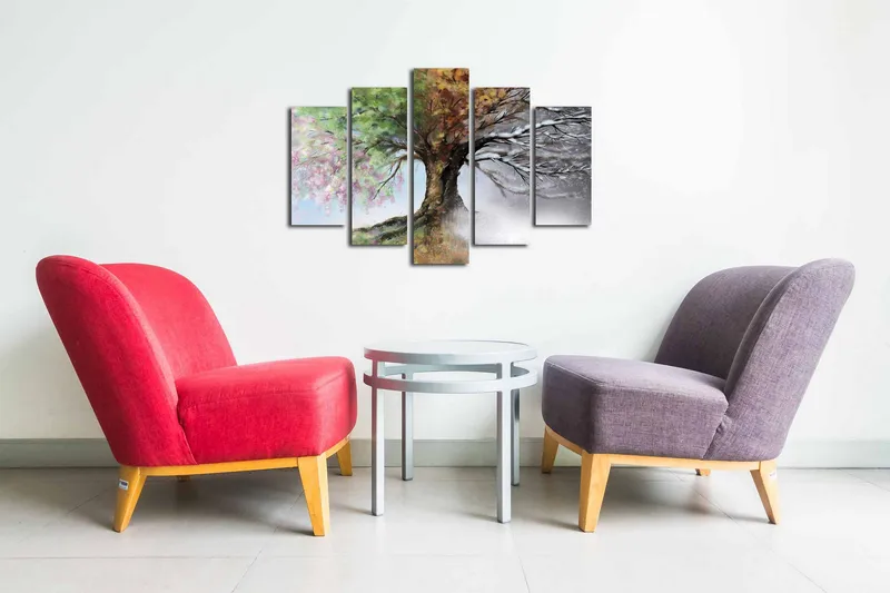 Canvastavla i 5 delar 82x50 cm - Fyrdelad tavla med ett träd som skiftar mellan årstiderna - Grön / Brun / Vit - Inredning & dekor - Tavlor & konst - Canvastavla